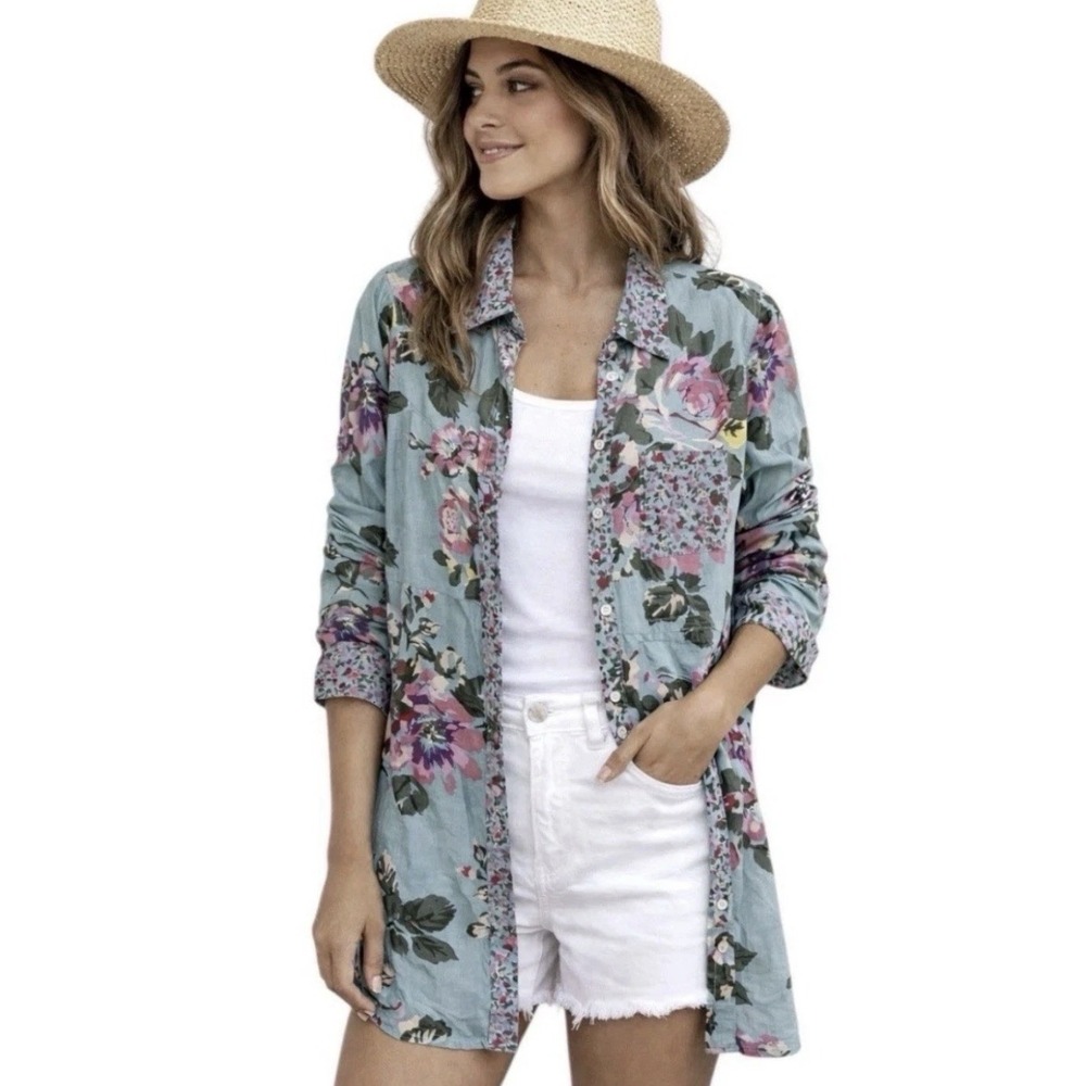 Soft Surroundings Floral Scattered Roses Button Down Tunic Shirt Size L